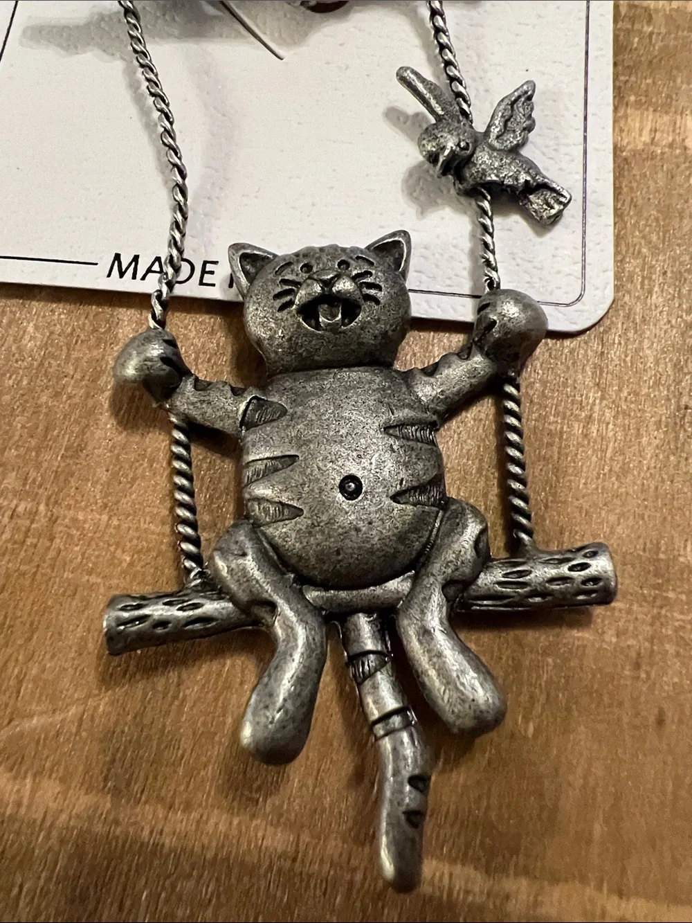 3/$18 Fashion Jewelry Antique Silver Cat on Swing Brooch with Bird Details 6058